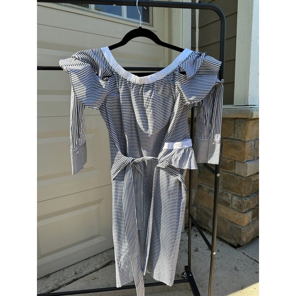 Off-Shoulder Striped Ruffle Dress By Laundry  Medium Size  Cotton Blend  B&W